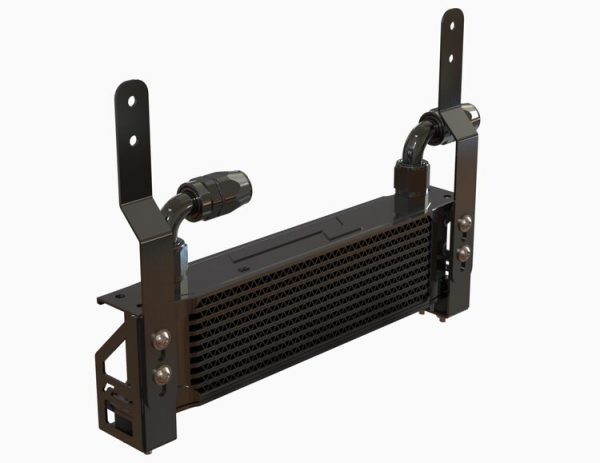 The oil cooler with front mount brackets of RacingLine's oil cooler kit for Volkswagen and Audi.